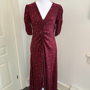 Old Navy Maroon Floral Midi Dress with Rouching at Center Front and Sleeves, Med